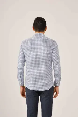 Dark Blue Men's Slim Fit Plaid Pattern Half Italian Collar Long Sleeve Shirt - 90004 - 4