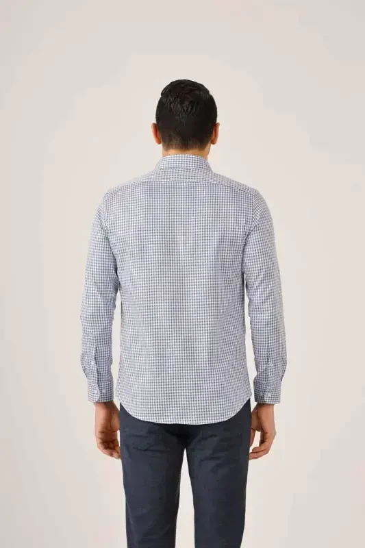 Dark Blue Men's Slim Fit Plaid Pattern Half Italian Collar Long Sleeve Shirt - 90004 - 4