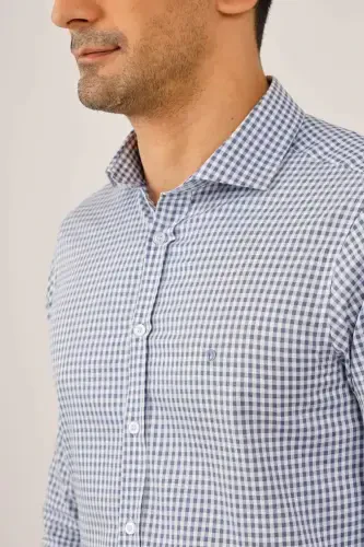 Dark Blue Men's Slim Fit Plaid Pattern Half Italian Collar Long Sleeve Shirt - 90004 - 5