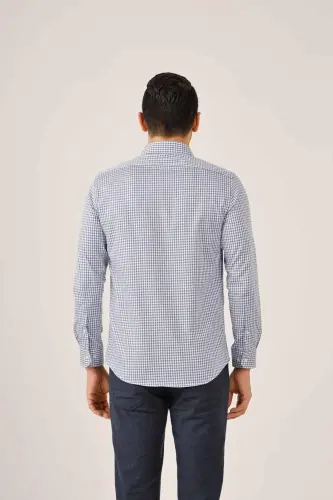 Dark Blue Men's Slim Fit Plaid Pattern Half Italian Collar Long Sleeve Shirt - 90004 - 4