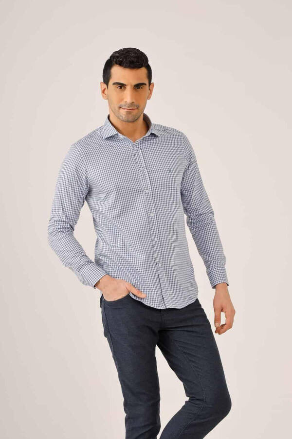 Dark Blue Men's Slim Fit Plaid Pattern Half Italian Collar Long Sleeve Shirt - 90004 - 11