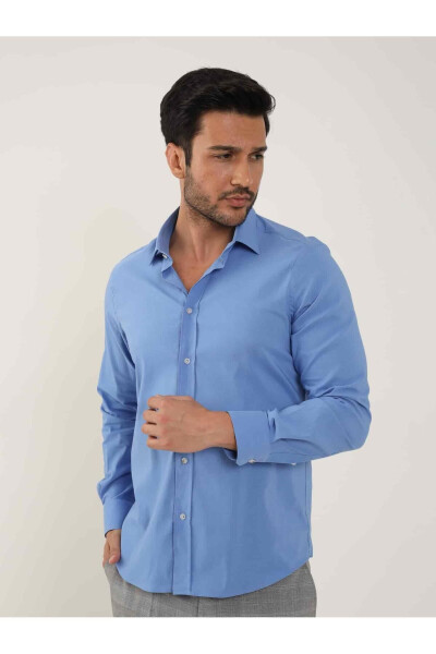 Dark Blue Men's Slim Fit Plain Classic Collar Long Sleeve Shirt - 92103 - 1