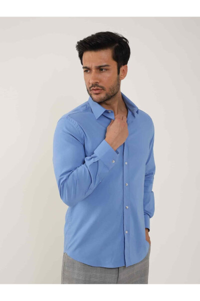 Dark Blue Men's Slim Fit Plain Classic Collar Long Sleeve Shirt - 92103 - 2