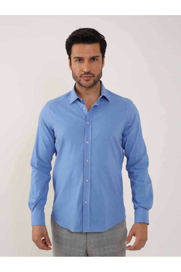 Dark Blue Men's Slim Fit Plain Classic Collar Long Sleeve Shirt - 92103 - 4