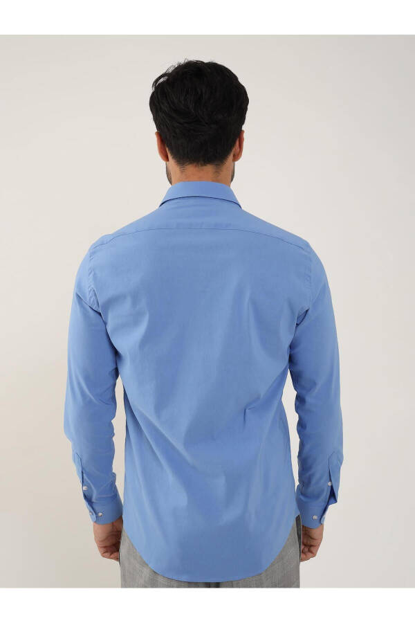 Dark Blue Men's Slim Fit Plain Classic Collar Long Sleeve Shirt - 92103 - 5