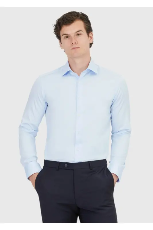 Dark Blue Plain Slim Fit Woven Classic 100% Cotton Shirt - RAMSEY