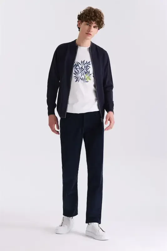 Dark Blue Regular Fit Cotton Stretch Velvet Trousers - 2