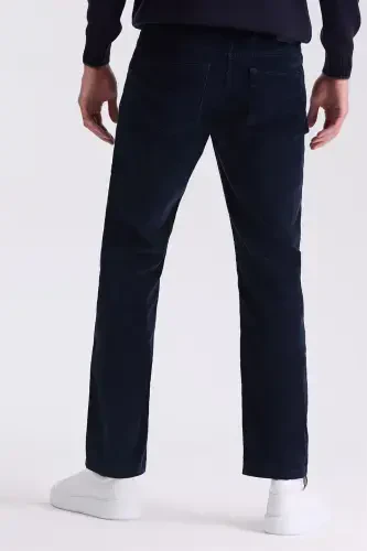 Dark Blue Regular Fit Cotton Stretch Velvet Trousers - 4