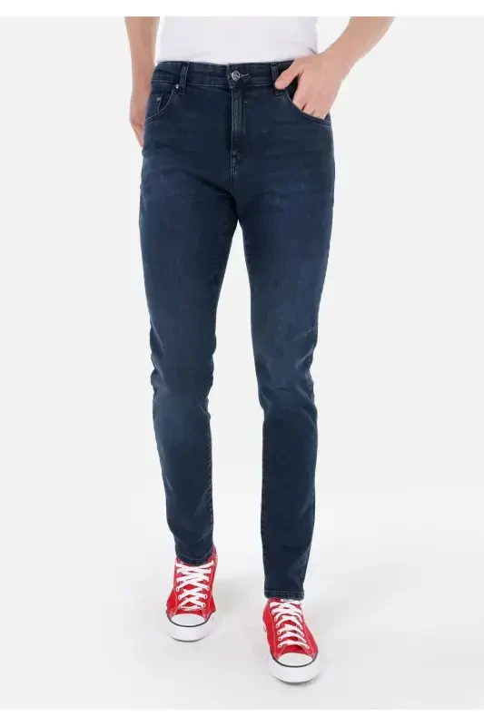 Dark blue skinny fit, low rise, slim leg pants for men. - 4
