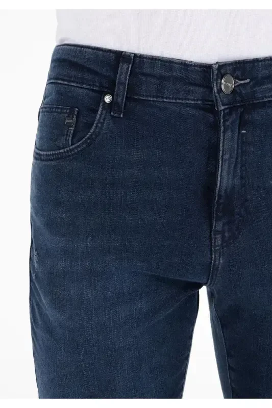 Dark blue skinny fit, low rise, slim leg pants for men. - 5