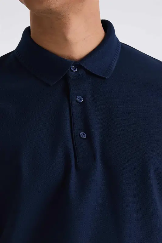 Dark Blue Slim Fit 100% Cotton Mercerized Polo Collar T-shirt - 3