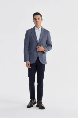 Dark Blue Slim Fit Checked Double Vented Jacket - 1