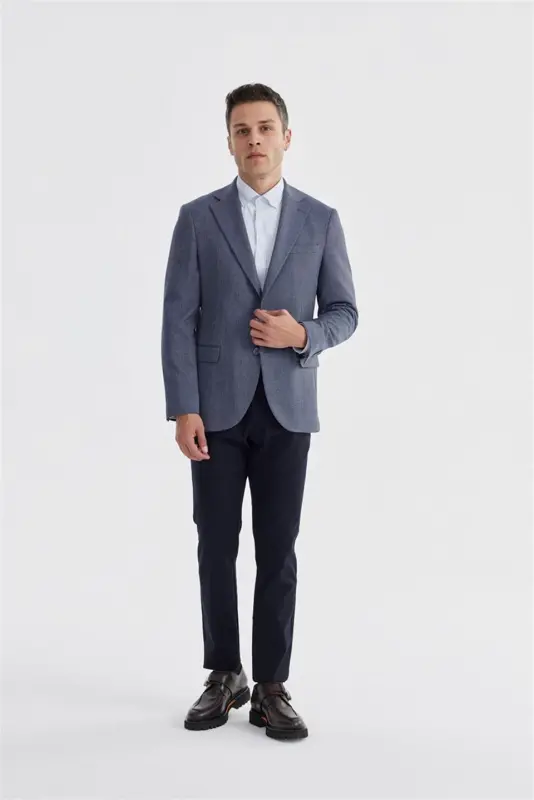 Dark Blue Slim Fit Checked Double Vented Jacket - 1