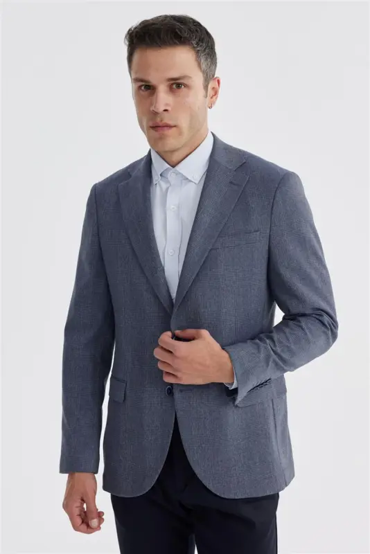 Dark Blue Slim Fit Checked Double Vented Jacket - 2