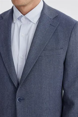 Dark Blue Slim Fit Checked Double Vented Jacket - 3