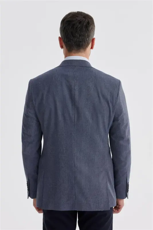 Dark Blue Slim Fit Checked Double Vented Jacket - 4