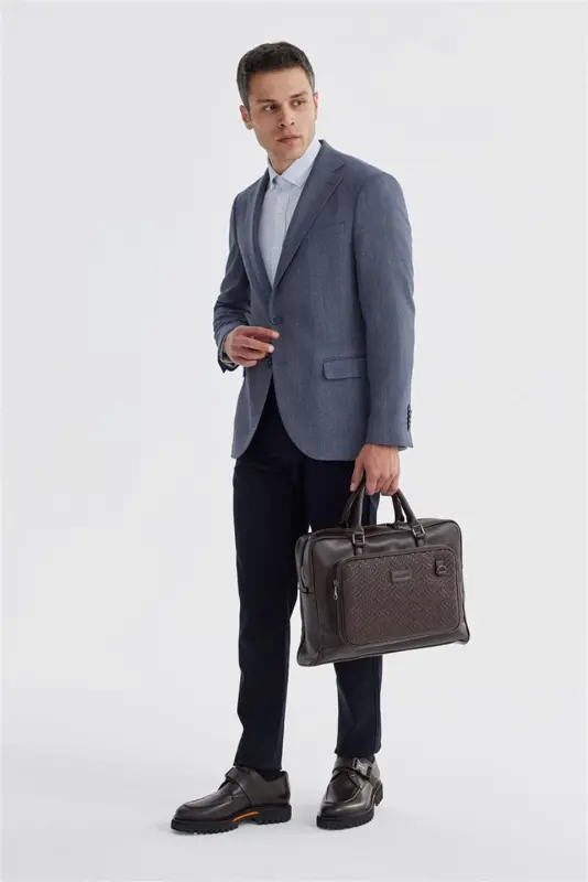 Dark Blue Slim Fit Checked Double Vented Jacket - 5