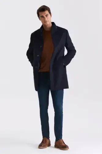 Dark Blue Slim Fit Stand Collar Herringbone Patterned Wool Sport Coat - JAKAMEN (1)