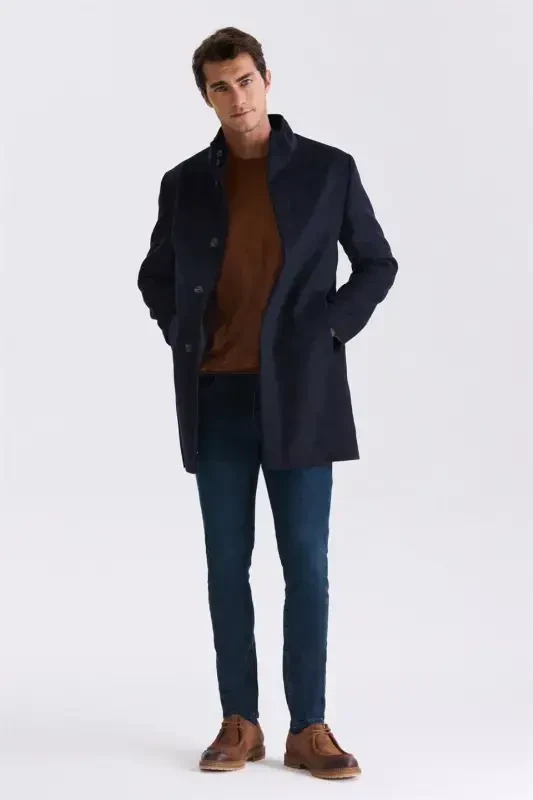 Dark Blue Slim Fit Stand Collar Herringbone Patterned Wool Sport Coat - 2