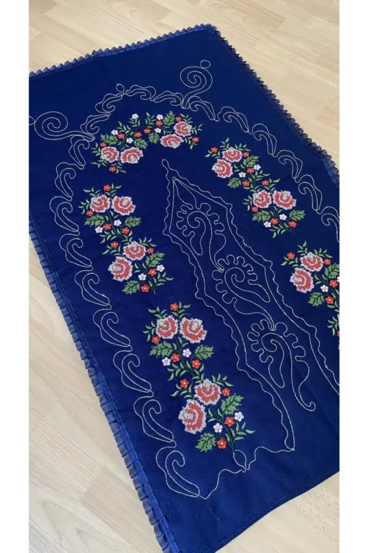 Dark blue*red Bridal Canvas Etamin Processing Embroidered 100% Cotton Prayer Rug - DARK BLUE - 1