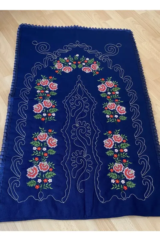 Dark blue*red Bridal Canvas Etamin Processing Embroidered 100% Cotton Prayer Rug - DARK BLUE - 2