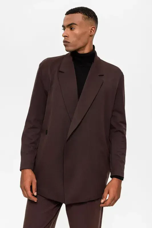 Dark Brown Crossover Closure Hidden Pocket Men's Blazer Jacket-Dark Brown - 3