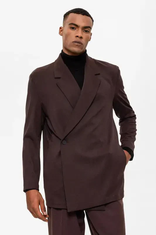 Dark Brown Crossover Closure Hidden Pocket Men's Blazer Jacket-Dark Brown - 5