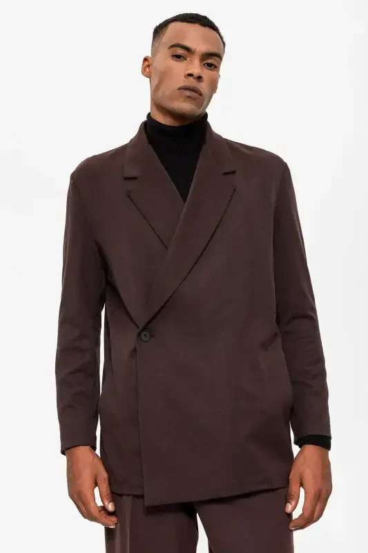 Dark Brown Crossover Closure Hidden Pocket Men's Blazer Jacket-Dark Brown - 7