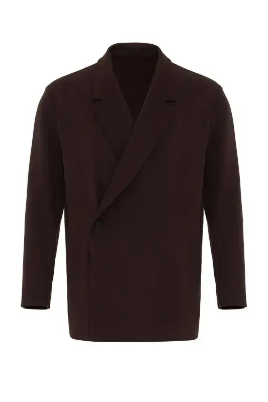 Dark Brown Crossover Closure Hidden Pocket Men's Blazer Jacket-Dark Brown - 8