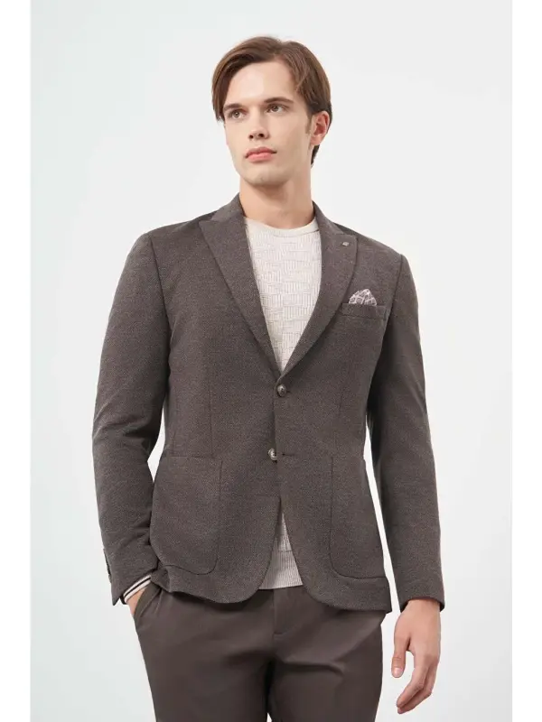 Dark Brown Knitted Shawl Collar 6 Drop Slim Fit Jacket 1002245156-Brown - 1
