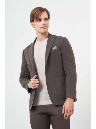Dark Brown Knitted Shawl Collar 6 Drop Slim Fit Jacket 1002245156-Brown - 3