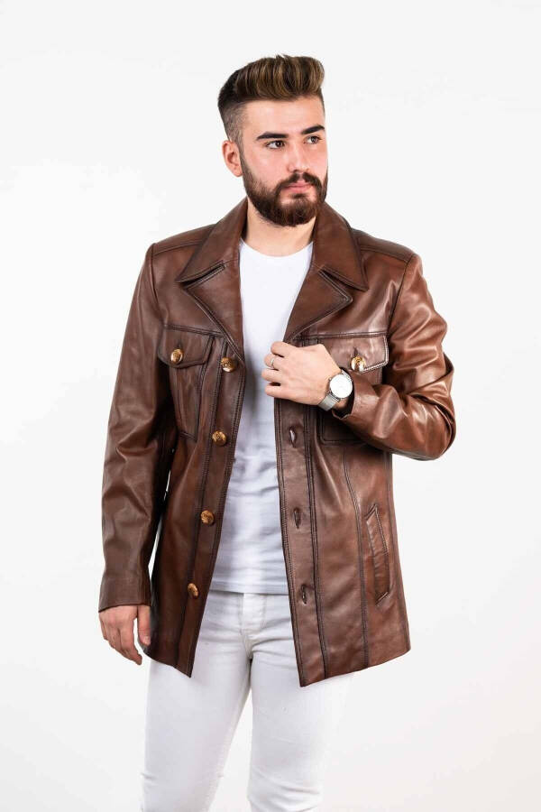 Dark Brown Men's Leather Coat - 1