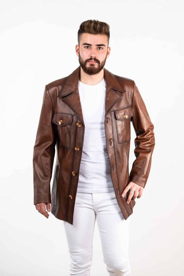 Dark Brown Men's Leather Coat - 2