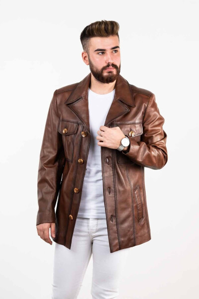 Dark Brown Men's Leather Coat - DERI EFFECT