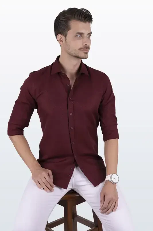 Dark Burgundy Baklava Pattern Slim Fit Gift Boxed Men's Shirt - 2
