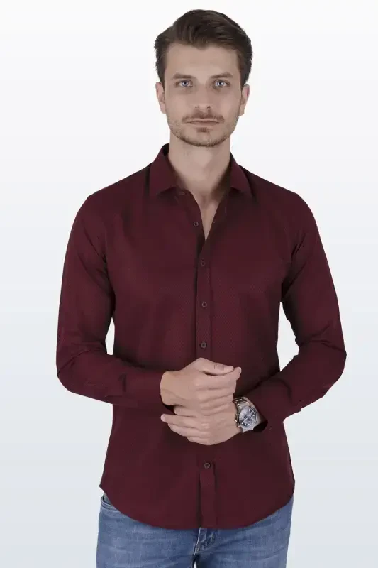 Dark Burgundy Baklava Pattern Slim Fit Gift Boxed Men's Shirt - 4