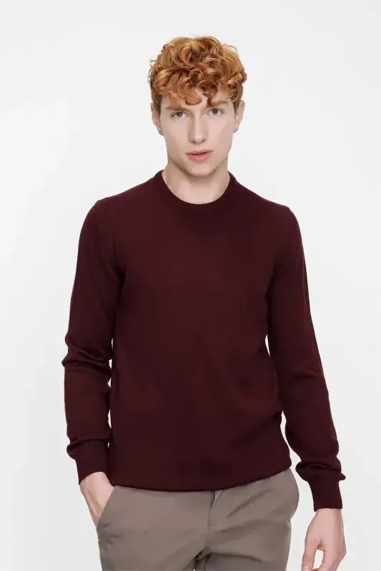 Dark Burgundy Basic Dynamic Fit Relaxed Fit Crew Neck Knit Sweater - MORVEN