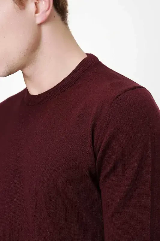 Dark Burgundy Basic Dynamic Fit Relaxed Fit Crew Neck Knit Sweater - 5
