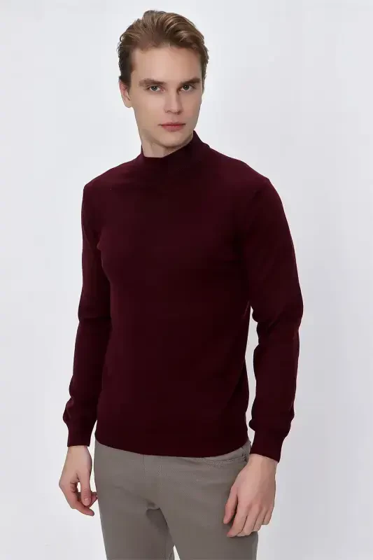 Dark Burgundy Basic Dynamic Fit Relaxed Fit Half Turtleneck Knit Sweater - MORVEN