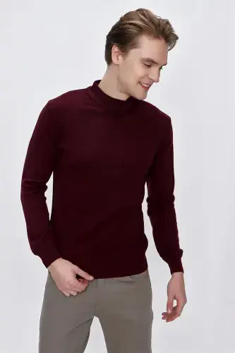 Dark Burgundy Basic Dynamic Fit Relaxed Fit Half Turtleneck Knit Sweater - MORVEN (1)