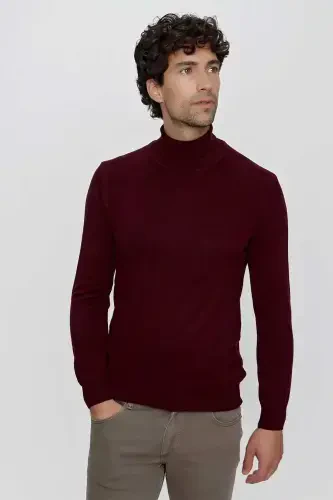 Dark Burgundy Basic Dynamic Fit Relaxed Fit Turtleneck Knit Sweater - MORVEN (1)