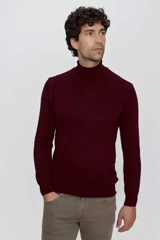 Dark Burgundy Basic Dynamic Fit Relaxed Fit Turtleneck Knit Sweater - 2