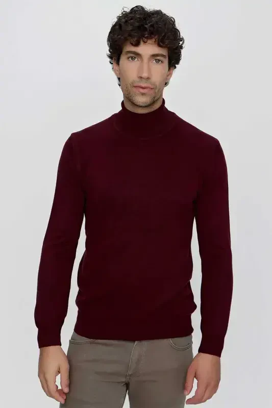 Dark Burgundy Basic Dynamic Fit Relaxed Fit Turtleneck Knit Sweater - 3