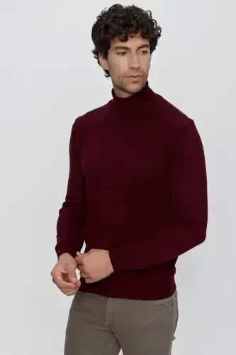 Dark Burgundy Basic Dynamic Fit Relaxed Fit Turtleneck Knit Sweater - 4