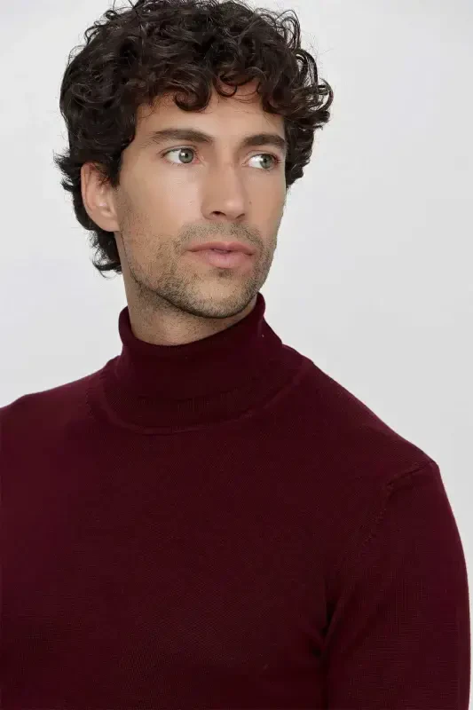 Dark Burgundy Basic Dynamic Fit Relaxed Fit Turtleneck Knit Sweater - 5