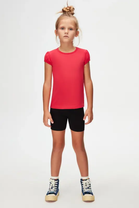 Dark Fuchsia Basic Girls' Crew Neck Watermelon Sleeve T-shirt-RASPBERRY - 1