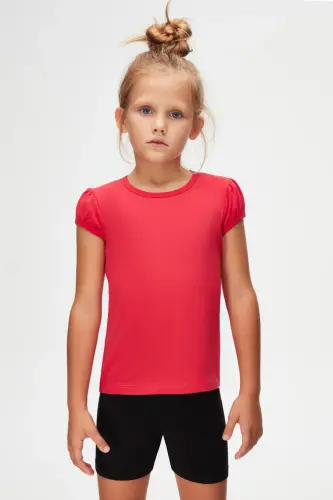 Dark Fuchsia Basic Girls' Crew Neck Watermelon Sleeve T-shirt-RASPBERRY - 2