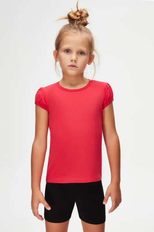 Dark Fuchsia Basic Girls' Crew Neck Watermelon Sleeve T-shirt-RASPBERRY - 2