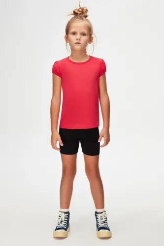 Dark Fuchsia Basic Girls' Crew Neck Watermelon Sleeve T-shirt-RASPBERRY 