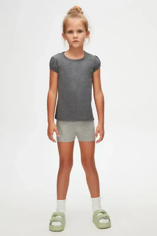 Dark Gray Basic Girl's Crew Neck Watermelon Sleeve T-Shirt-Gray 5 - LOVETTI